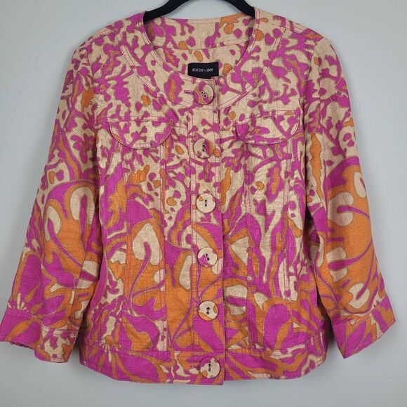 Focus 2000 Womens 100% Linen Button Up Jacket Size 10 Pink Vibrant Beachy Resort - Picture 1 of 6